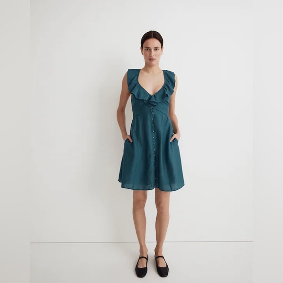 NWT Madewell Teal Ruffle Button-Front Mini Dress
- 6